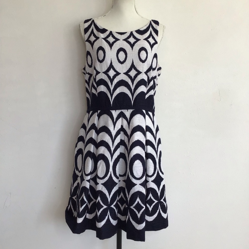 Taylor Women Elegant Dark Blue and White Fit and Flare Midi Summer Dress 14